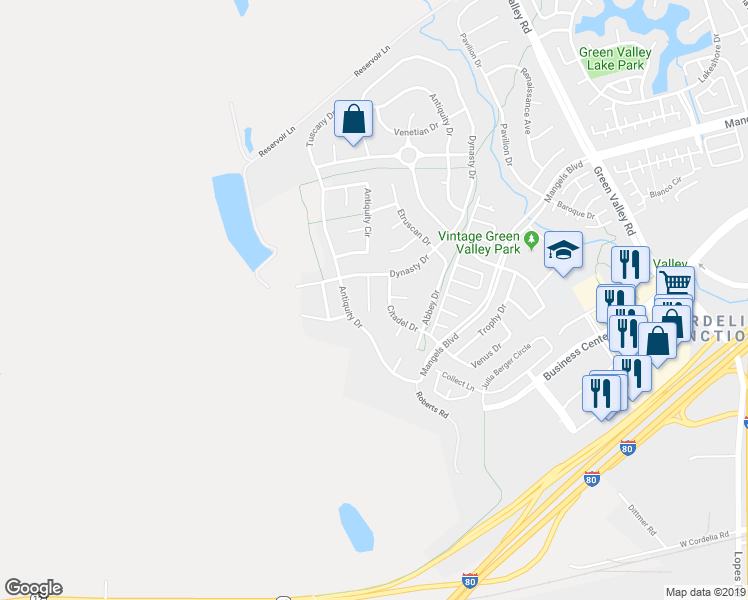 map of restaurants, bars, coffee shops, grocery stores, and more near 5176 Palace Court in Fairfield