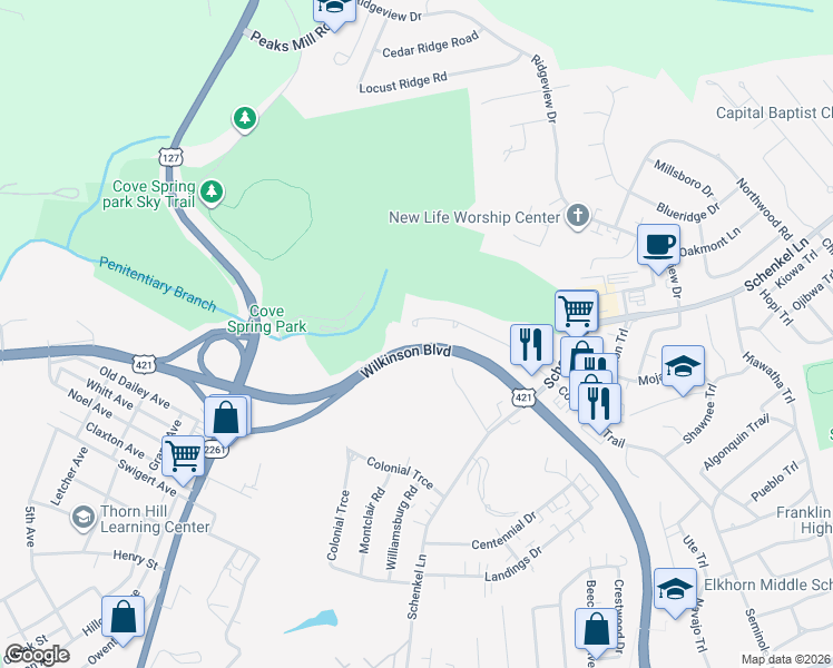map of restaurants, bars, coffee shops, grocery stores, and more near 345 Bypass Plaza Drive in Frankfort