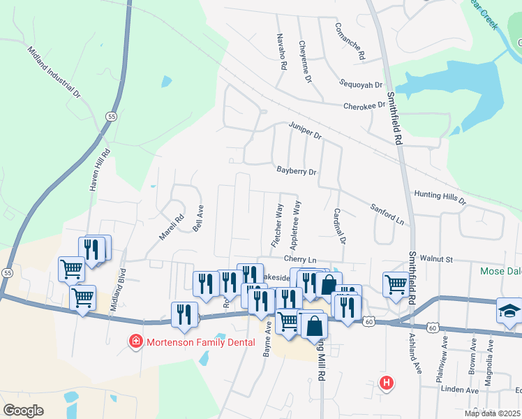 map of restaurants, bars, coffee shops, grocery stores, and more near 65 Maidie Lane in Shelbyville
