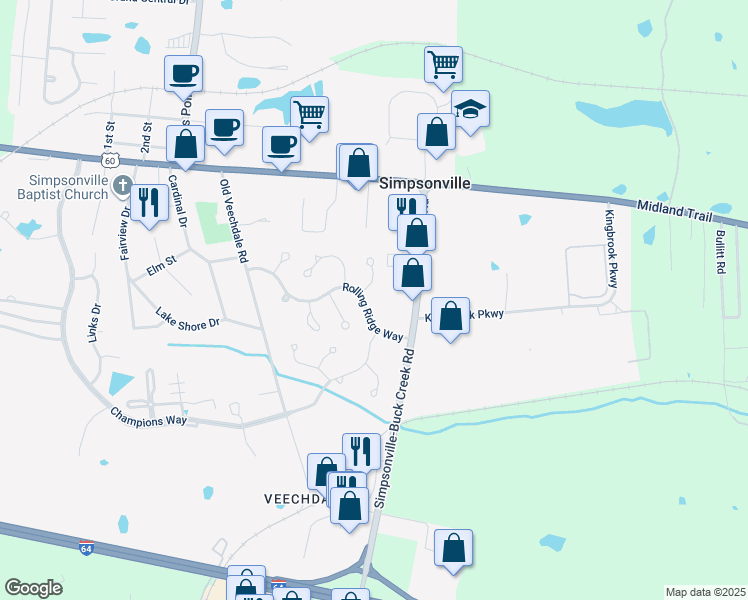 map of restaurants, bars, coffee shops, grocery stores, and more near 237 Rolling Ridge Way in Simpsonville