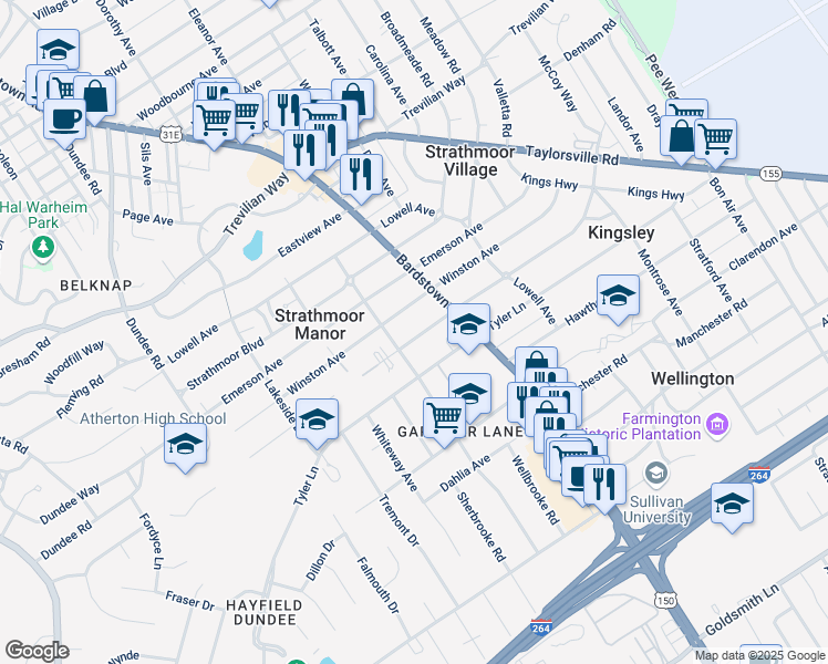 map of restaurants, bars, coffee shops, grocery stores, and more near 2141 Gladstone Avenue in Louisville