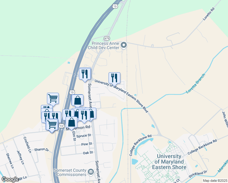 map of restaurants, bars, coffee shops, grocery stores, and more near 5059 Hickory Road in Princess Anne