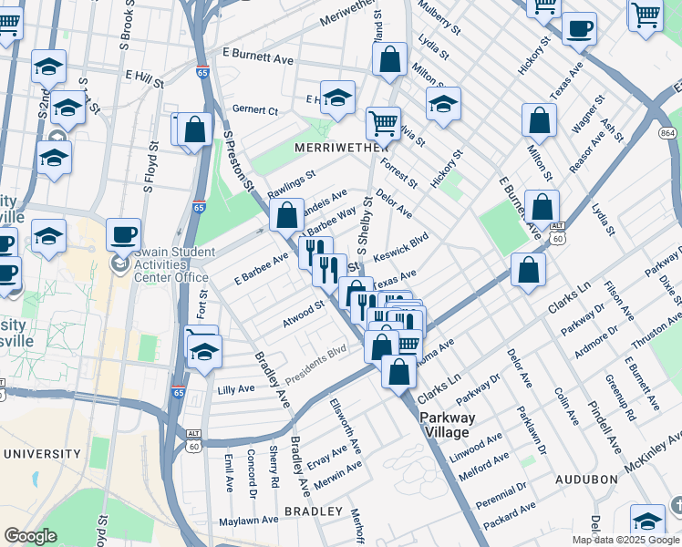 map of restaurants, bars, coffee shops, grocery stores, and more near 2072 South Shelby Street in Louisville