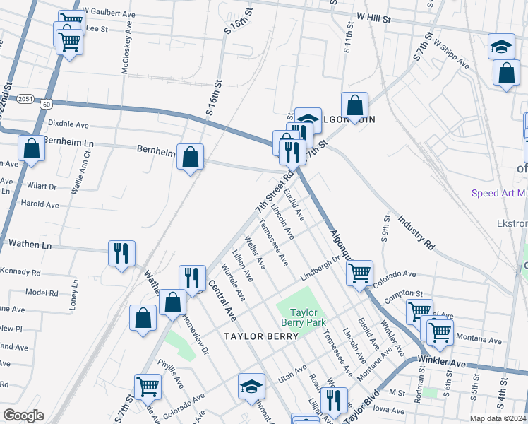 map of restaurants, bars, coffee shops, grocery stores, and more near in Louisville