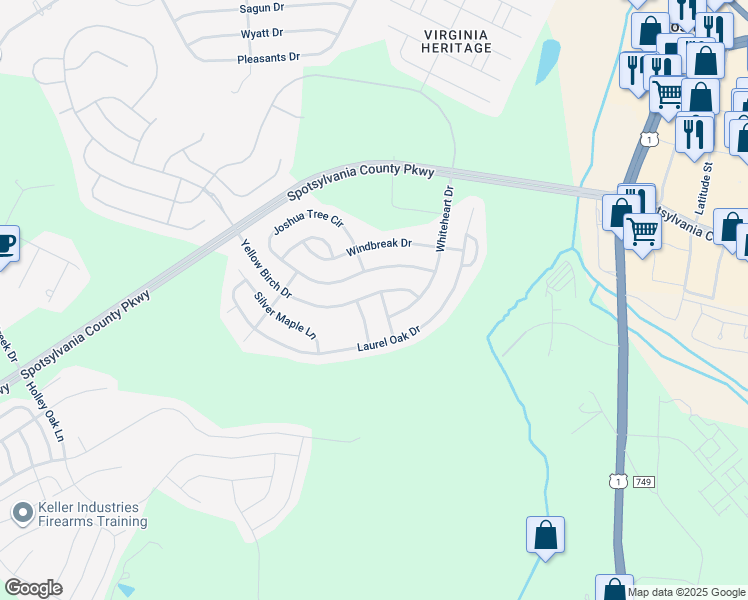 map of restaurants, bars, coffee shops, grocery stores, and more near 5218 Yellow Birch Drive in Fredericksburg