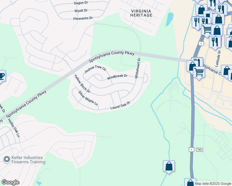 map of restaurants, bars, coffee shops, grocery stores, and more near 5218 Yellow Birch Drive in Fredericksburg