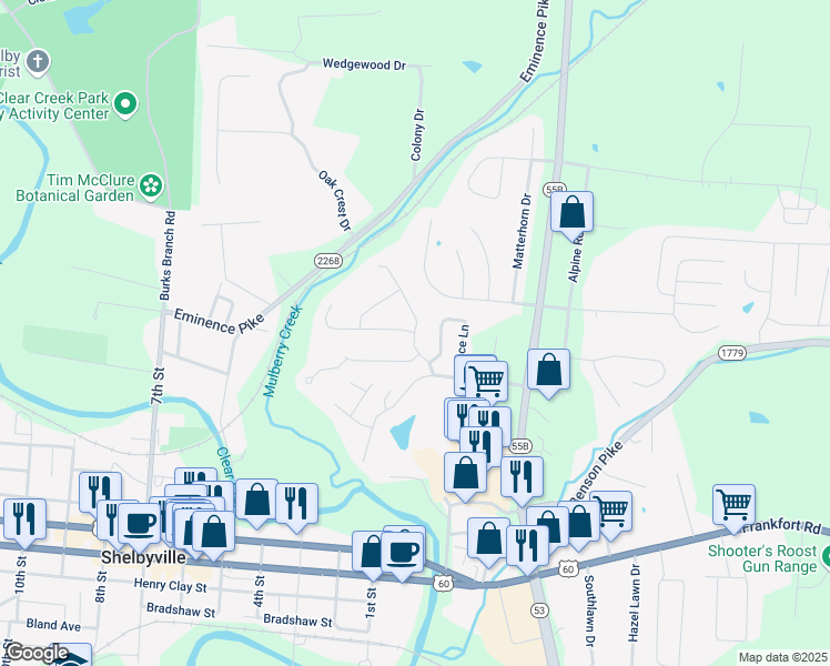 map of restaurants, bars, coffee shops, grocery stores, and more near Squire Circle in Shelbyville