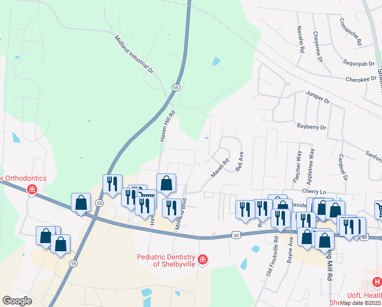 map of restaurants, bars, coffee shops, grocery stores, and more near 409 Midland Boulevard in Shelbyville