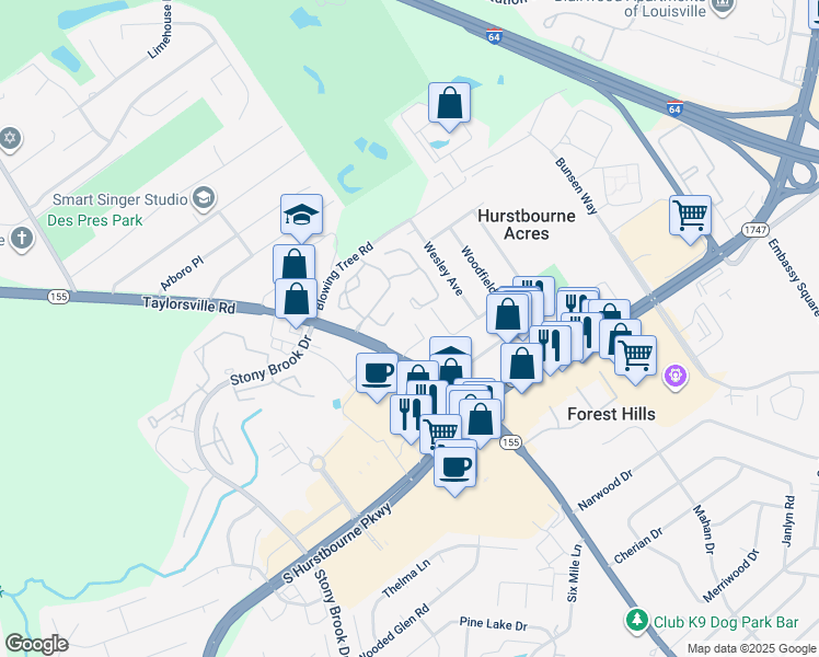 map of restaurants, bars, coffee shops, grocery stores, and more near 1904 Hoke Road in Hurstbourne Acres