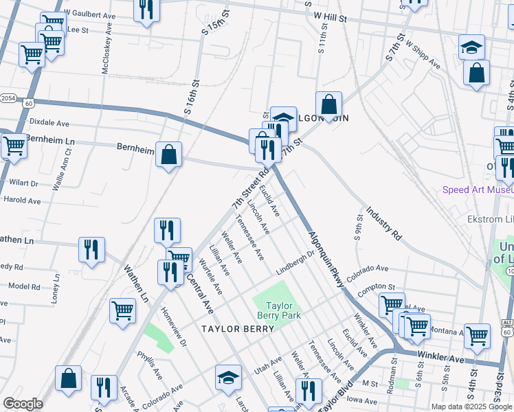 map of restaurants, bars, coffee shops, grocery stores, and more near in Louisville