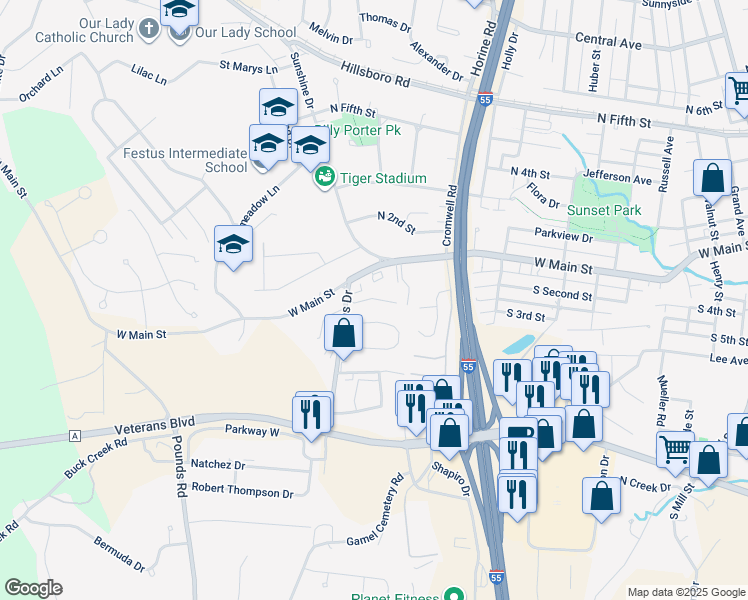 map of restaurants, bars, coffee shops, grocery stores, and more near 107 Colonial Drive in Festus