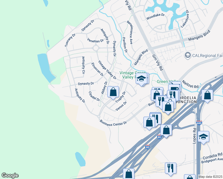 map of restaurants, bars, coffee shops, grocery stores, and more near 642 Verona Court in Fairfield