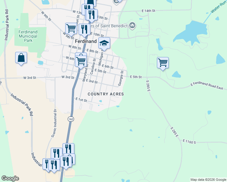 map of restaurants, bars, coffee shops, grocery stores, and more near 210 Alabama Street in Ferdinand