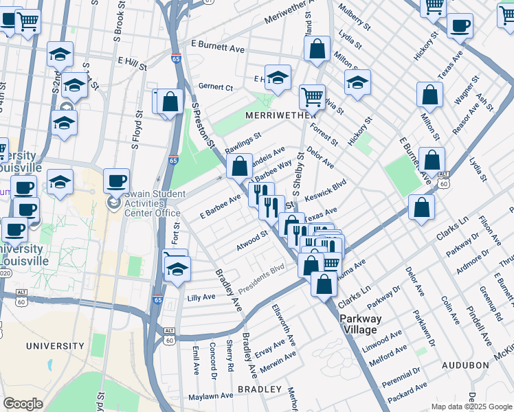 map of restaurants, bars, coffee shops, grocery stores, and more near 648 South Barbee Way in Louisville