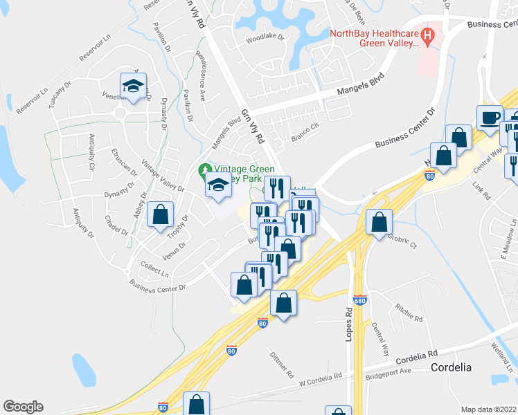map of restaurants, bars, coffee shops, grocery stores, and more near 5050 Business Center Drive in Fairfield