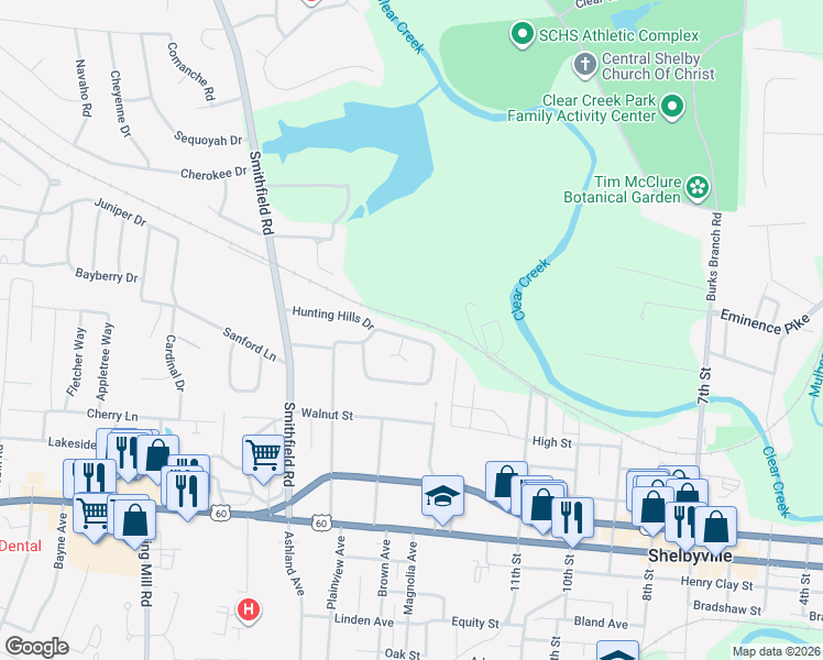 map of restaurants, bars, coffee shops, grocery stores, and more near 540 Hawthorne Avenue in Shelbyville