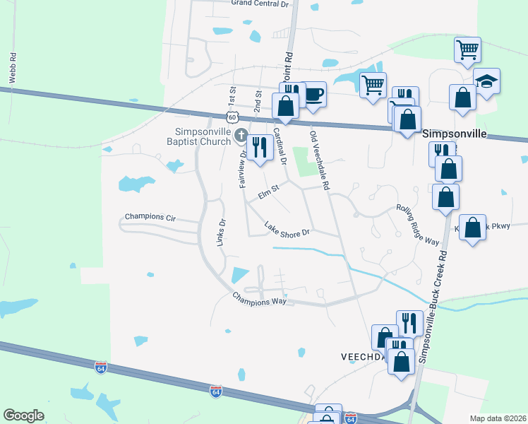 map of restaurants, bars, coffee shops, grocery stores, and more near 504 Garden Court in Simpsonville