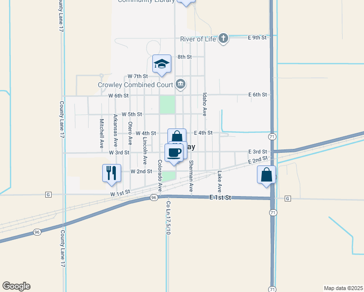 map of restaurants, bars, coffee shops, grocery stores, and more near in Ordway