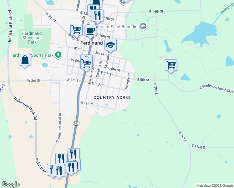 map of restaurants, bars, coffee shops, grocery stores, and more near 280 Lee Court in Ferdinand