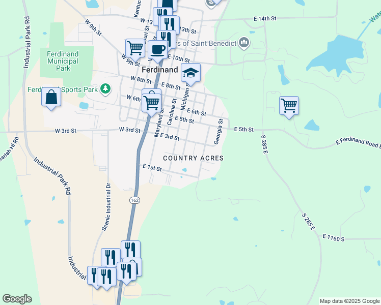 map of restaurants, bars, coffee shops, grocery stores, and more near 280 Lee Court in Ferdinand