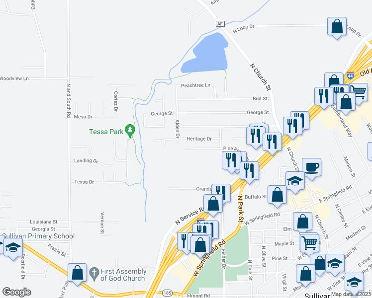map of restaurants, bars, coffee shops, grocery stores, and more near 249 Pine Ridge Drive in Sullivan
