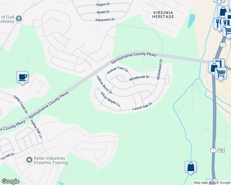 map of restaurants, bars, coffee shops, grocery stores, and more near 5319 Yellow Birch Drive in Fredericksburg