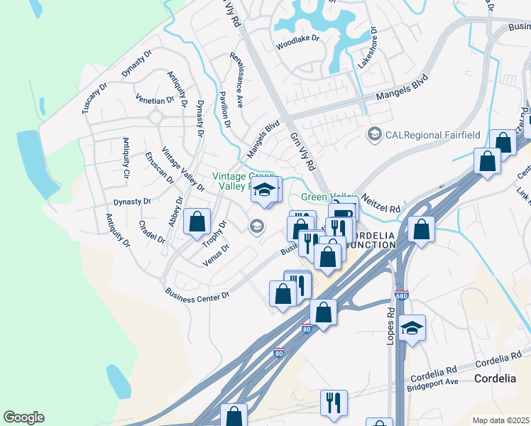 map of restaurants, bars, coffee shops, grocery stores, and more near 570 Vintage Valley Drive in Fairfield