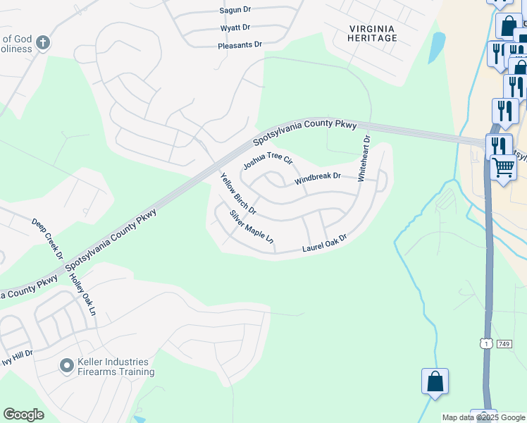 map of restaurants, bars, coffee shops, grocery stores, and more near 5319 Yellow Birch Drive in Fredericksburg