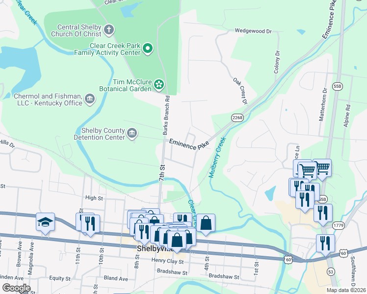 map of restaurants, bars, coffee shops, grocery stores, and more near 82 Eminence Pike in Shelbyville