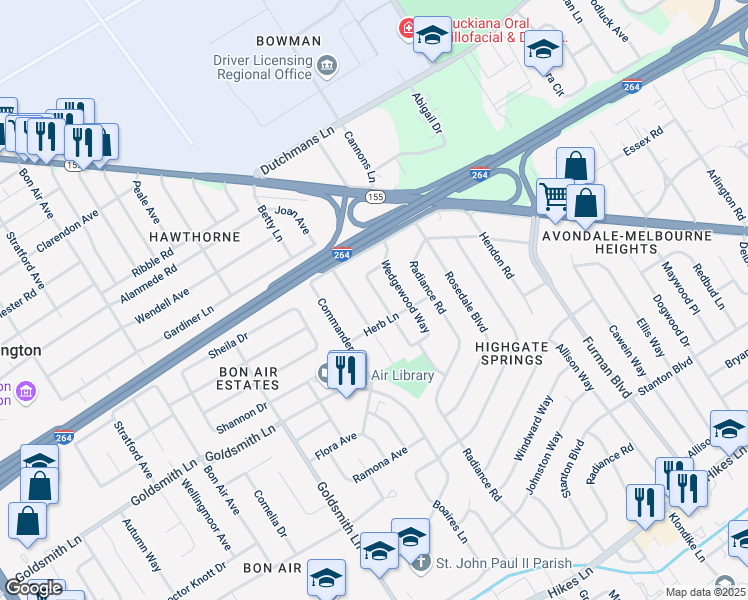 map of restaurants, bars, coffee shops, grocery stores, and more near 3019 Nadina Drive in Louisville