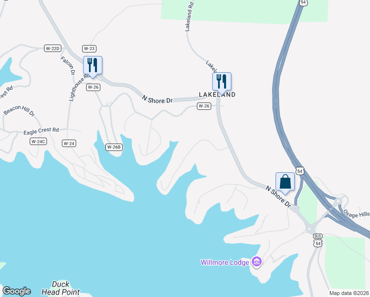 map of restaurants, bars, coffee shops, grocery stores, and more near 33 Bob White Lane in Lake Ozark