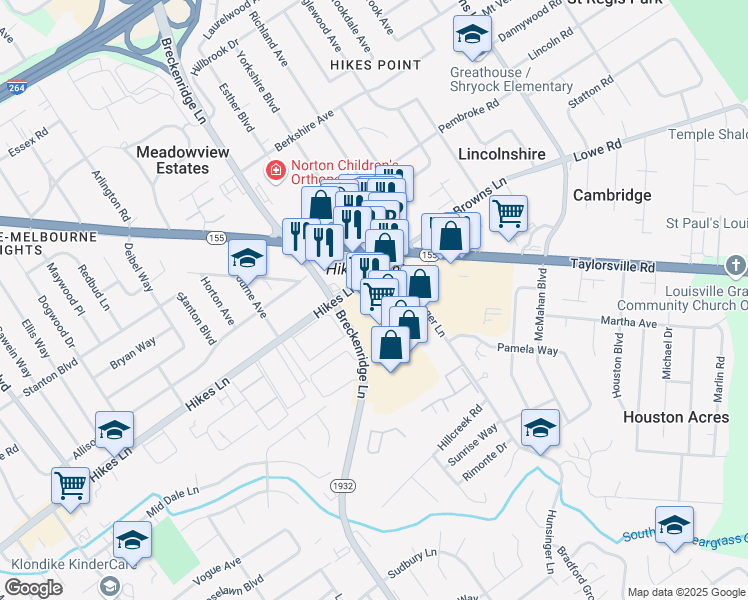 map of restaurants, bars, coffee shops, grocery stores, and more near 3039 Breckenridge Lane in Louisville