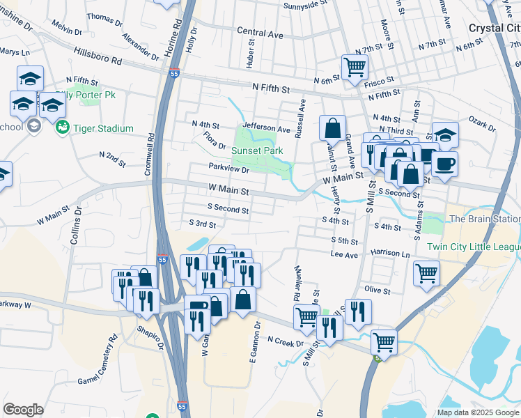 map of restaurants, bars, coffee shops, grocery stores, and more near 711 South 2nd Street in Festus