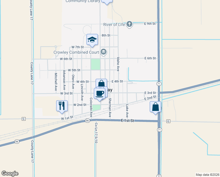 map of restaurants, bars, coffee shops, grocery stores, and more near 319 Sherman Avenue in Ordway