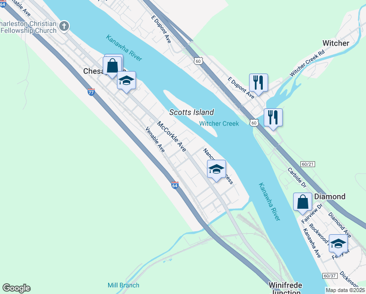 map of restaurants, bars, coffee shops, grocery stores, and more near 13398 Maccorkle Avenue in Chesapeake