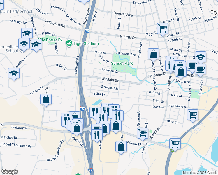 map of restaurants, bars, coffee shops, grocery stores, and more near 901 South Second Street in Festus