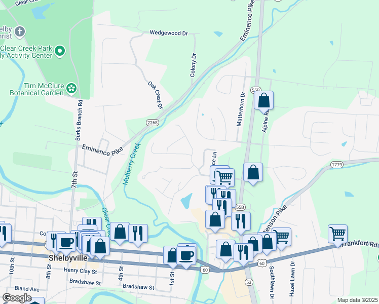 map of restaurants, bars, coffee shops, grocery stores, and more near 3235 Squire Circle in Shelbyville