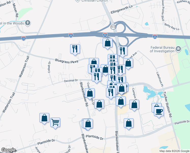 map of restaurants, bars, coffee shops, grocery stores, and more near 11492 Bluegrass Parkway in Louisville