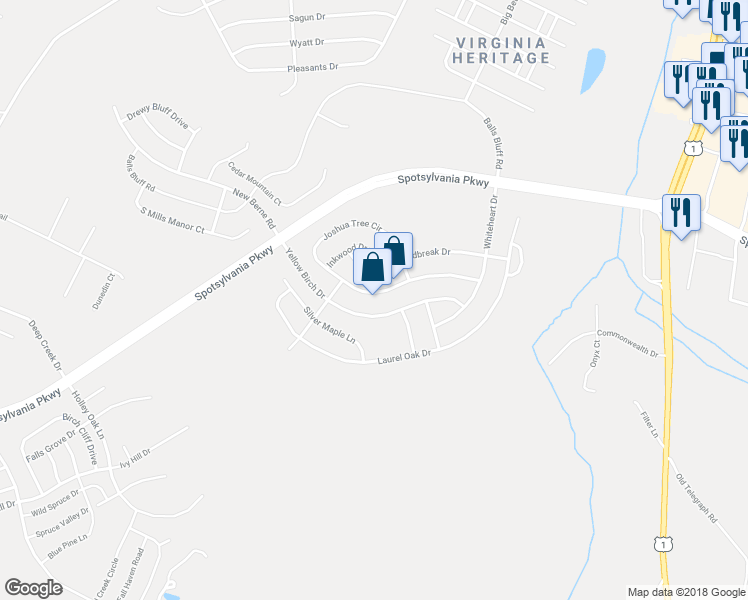 map of restaurants, bars, coffee shops, grocery stores, and more near 5312 Joshua Tree Circle in Fredericksburg