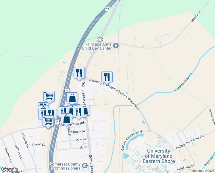 map of restaurants, bars, coffee shops, grocery stores, and more near Hickory Road in Princess Anne