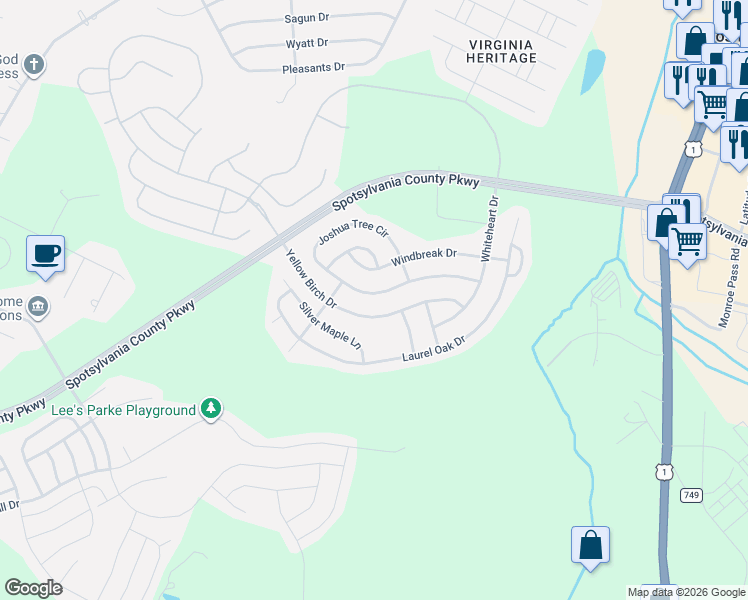 map of restaurants, bars, coffee shops, grocery stores, and more near 5312 Joshua Tree Circle in Fredericksburg