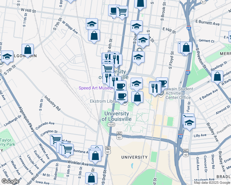 map of restaurants, bars, coffee shops, grocery stores, and more near 2035 South 3rd Street in Louisville