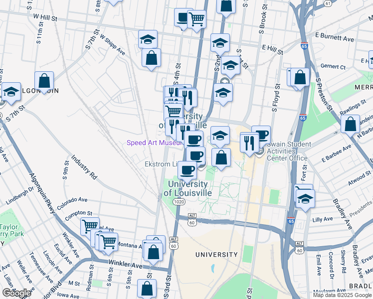 map of restaurants, bars, coffee shops, grocery stores, and more near 2035 South 3rd Street in Louisville