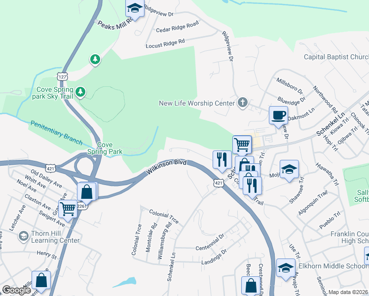 map of restaurants, bars, coffee shops, grocery stores, and more near 345 Bypass Plaza Dr in Frankfort