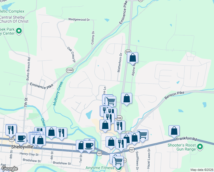 map of restaurants, bars, coffee shops, grocery stores, and more near 38 Trace Lane in Shelbyville