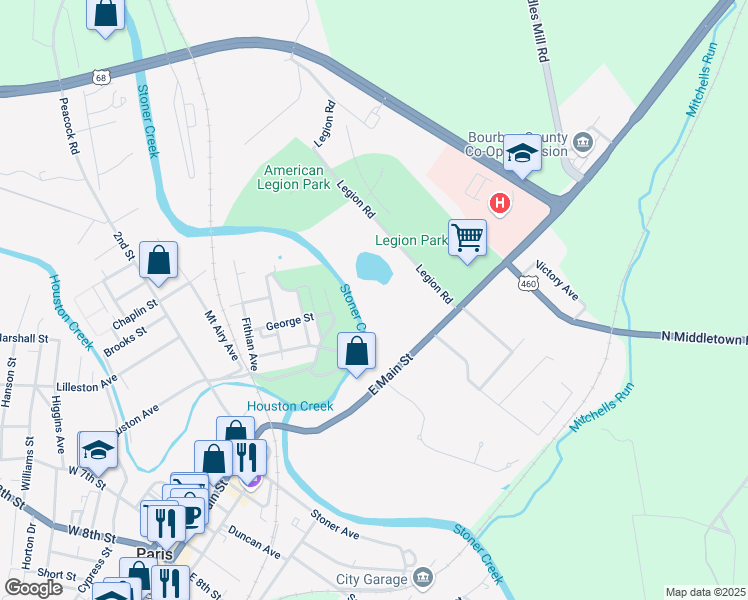 map of restaurants, bars, coffee shops, grocery stores, and more near 301 East Main Street in Paris