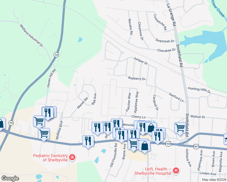map of restaurants, bars, coffee shops, grocery stores, and more near 65 Maidie Lane in Shelbyville
