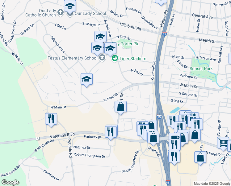 map of restaurants, bars, coffee shops, grocery stores, and more near 1507 West Main Street in Festus