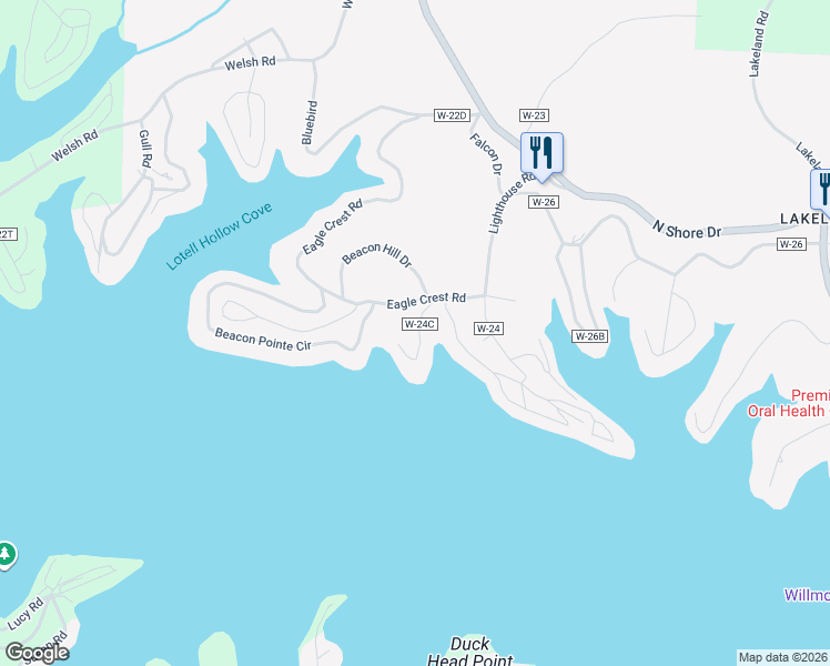 map of restaurants, bars, coffee shops, grocery stores, and more near Emerald Lane in Lake Ozark