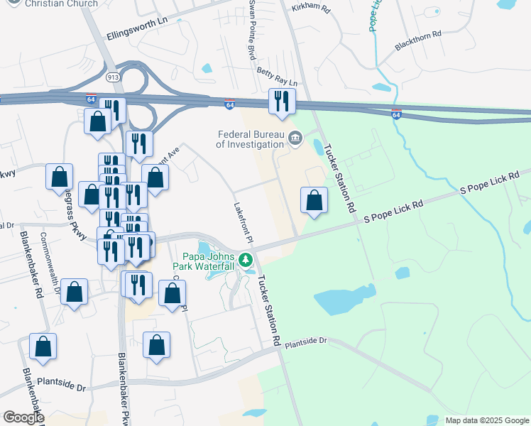 map of restaurants, bars, coffee shops, grocery stores, and more near 12501 Lakefront Place in Louisville